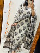 White & Black Cotton Traditional Straight Suit Set - BONYHUBSALWAR KAMEEZ
