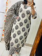 White & Black Cotton Traditional Straight Suit Set - BONYHUBSALWAR KAMEEZ