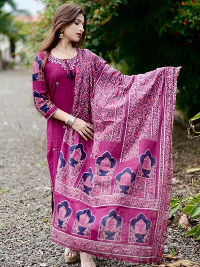 Dark Pink Cotton Embroidery Kurti Set with Dupatta - BONYHUBSALWAR KAMEEZ