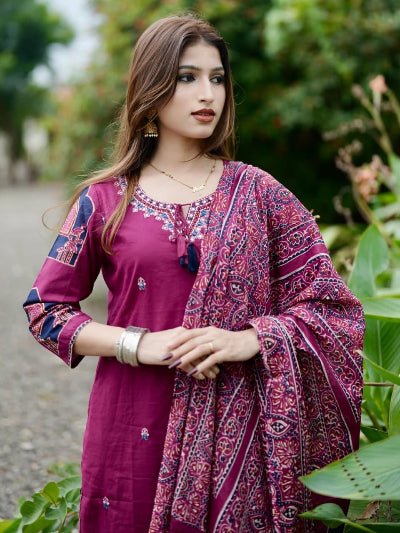 Dark Pink Cotton Embroidery Kurti Set with Dupatta - BONYHUBSALWAR KAMEEZ
