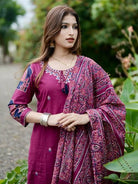 Dark Pink Cotton Embroidery Kurti Set with Dupatta - BONYHUBSALWAR KAMEEZ