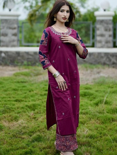 Dark Pink Cotton Embroidery Kurti Set with Dupatta - BONYHUBSALWAR KAMEEZ