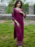 Dark Pink Cotton Embroidery Kurti Set with Dupatta - BONYHUBSALWAR KAMEEZ