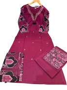 Dark Pink Cotton Embroidery Kurti Set with Dupatta - BONYHUBSALWAR KAMEEZ