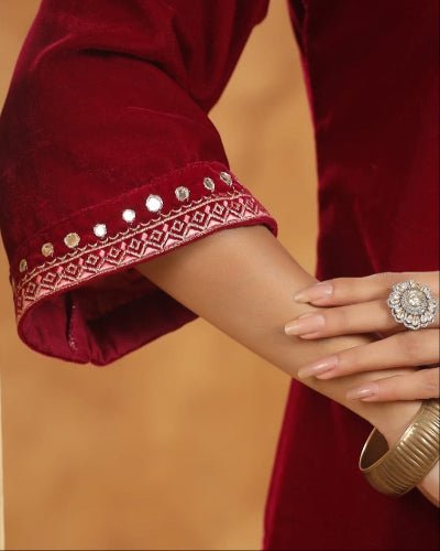 Red Velvet Embroidery Straight Suit With Organza Dupatta - BONYHUBSALWAR KAMEEZ