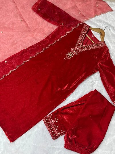 Red Velvet Embroidery Straight Suit With Organza Dupatta - BONYHUBSALWAR KAMEEZ