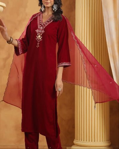 Red Velvet Embroidery Straight Suit With Organza Dupatta - BONYHUBSALWAR KAMEEZ