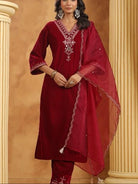 Red Velvet Embroidery Straight Suit With Organza Dupatta - BONYHUBSALWAR KAMEEZ