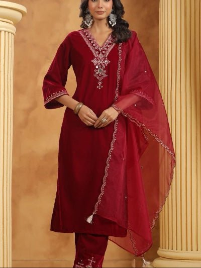Red Velvet Embroidery Straight Suit With Organza Dupatta - BONYHUBSALWAR KAMEEZ