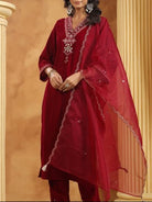 Red Velvet Embroidery Straight Suit With Organza Dupatta - BONYHUBSALWAR KAMEEZ