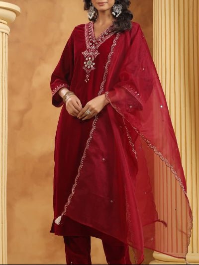 Red Velvet Embroidery Straight Suit With Organza Dupatta - BONYHUBSALWAR KAMEEZ