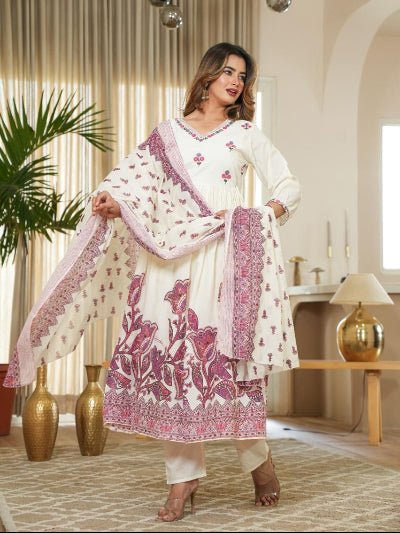 White Pure Cotton Embroidery Work Anarkali Suit - BONYHUBSALWAR KAMEEZ