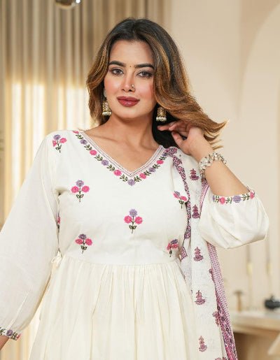 White Pure Cotton Embroidery Work Anarkali Suit - BONYHUBSALWAR KAMEEZ
