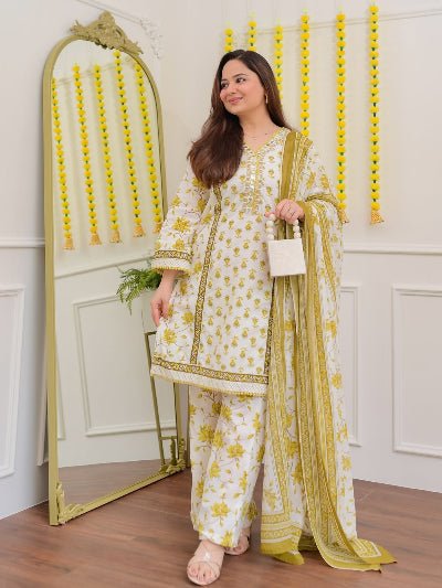 White Yellow Floral Embroidery Cotton Suit - BONYHUBSALWAR KAMEEZ