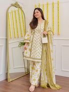 White Yellow Floral Embroidery Cotton Suit - BONYHUBSALWAR KAMEEZ