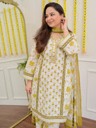 White Yellow Floral Embroidery Cotton Suit - BONYHUBSALWAR KAMEEZ