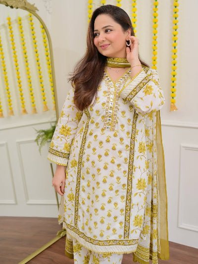 White Yellow Floral Embroidery Cotton Suit - BONYHUBSALWAR KAMEEZ