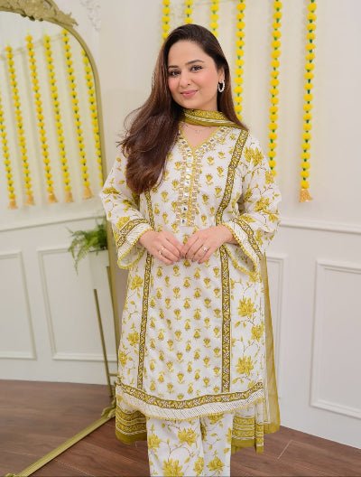 White Yellow Floral Embroidery Cotton Suit - BONYHUBSALWAR KAMEEZ