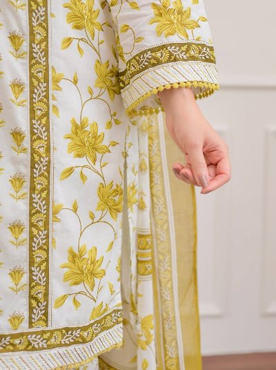 White Yellow Floral Embroidery Cotton Suit - BONYHUBSALWAR KAMEEZ