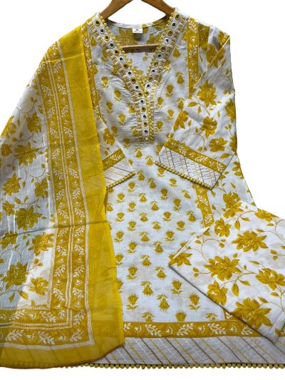 White Yellow Floral Embroidery Cotton Suit - BONYHUBSALWAR KAMEEZ