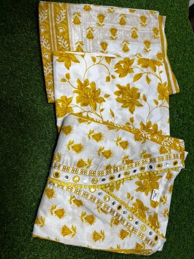 White Yellow Floral Embroidery Cotton Suit - BONYHUBSALWAR KAMEEZ
