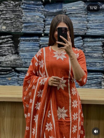 Orange Soft Cotton Beautiful A Line Straight Suit Set - BONYHUBSALWAR KAMEEZ