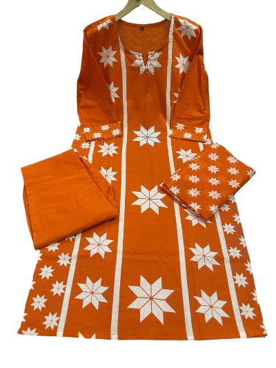 Orange Soft Cotton Beautiful A Line Straight Suit Set - BONYHUBSALWAR KAMEEZ