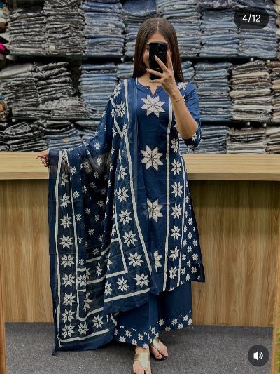 Navy Blue Soft Cotton Beautiful A Line Straight Suit Set - BONYHUBSALWAR KAMEEZ