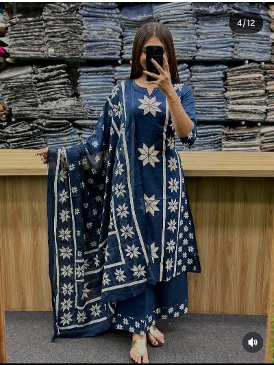 Navy Blue Soft Cotton Beautiful A Line Straight Suit Set - BONYHUBSALWAR KAMEEZ