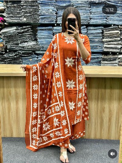 Orange Soft Cotton Beautiful A Line Straight Suit Set - BONYHUBSALWAR KAMEEZ