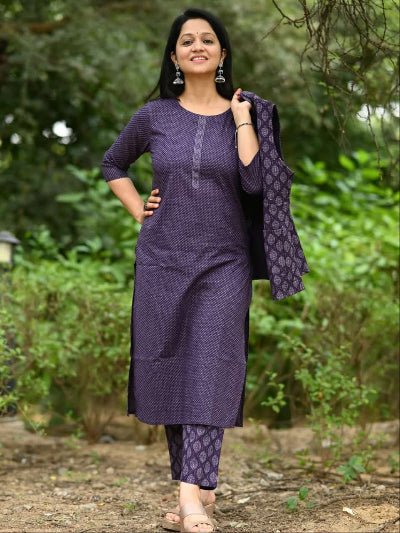Purple Cotton Kurti Pant With Quilted Warm Jacket - BONYHUBSALWAR KAMEEZ
