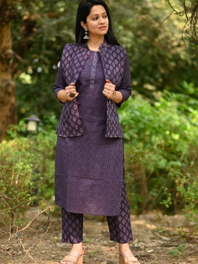 Purple Cotton Kurti Pant With Quilted Warm Jacket - BONYHUBSALWAR KAMEEZ