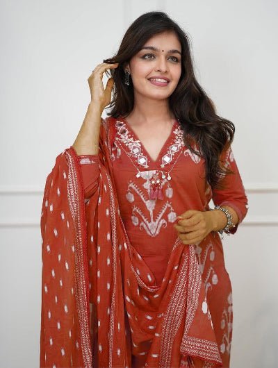 Brick Orange Cotton Straight Suit with Malamal Dupatta - BONYHUBSALWAR KAMEEZ