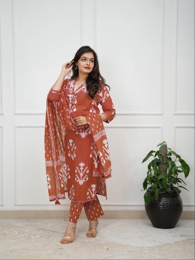 Brick Orange Cotton Straight Suit with Malamal Dupatta - BONYHUBSALWAR KAMEEZ