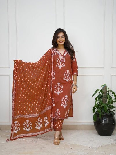 Brick Orange Cotton Straight Suit with Malamal Dupatta - BONYHUBSALWAR KAMEEZ
