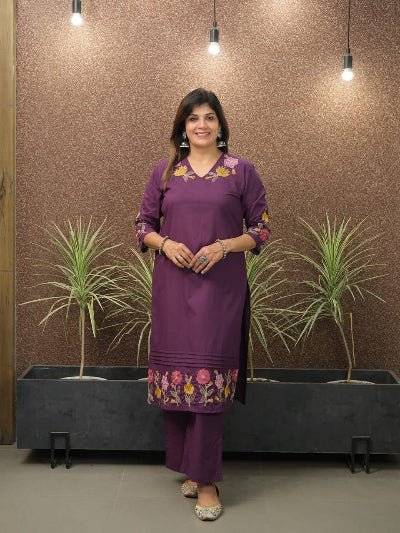 Classy Purple Embroidery Cotton Kurti Pant Set Of 2 - BONYHUBSALWAR KAMEEZ
