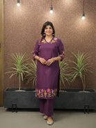 Classy Purple Embroidery Cotton Kurti Pant Set Of 2 - BONYHUBSALWAR KAMEEZ