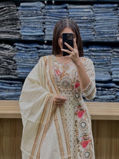 White Beautiful Adda Work Cotton Printed Anarkali Suit - BONYHUBSALWAR KAMEEZ