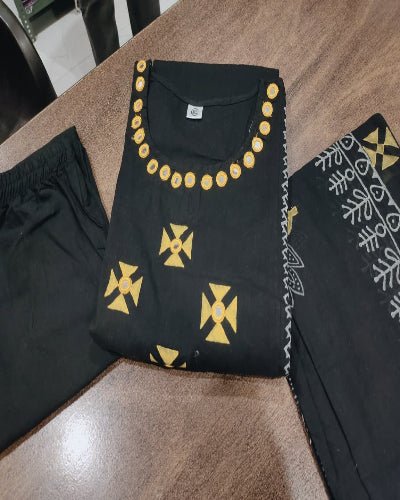 Black Elegant Block Print Cotton Straight Suit Set - BONYHUBSALWAR KAMEEZ