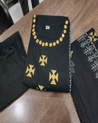 Black Elegant Block Print Cotton Straight Suit Set - BONYHUBSALWAR KAMEEZ