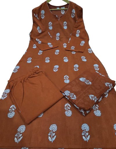 Rust Orange Handwork Cotton Straight Suit Set - BONYHUBSALWAR KAMEEZ