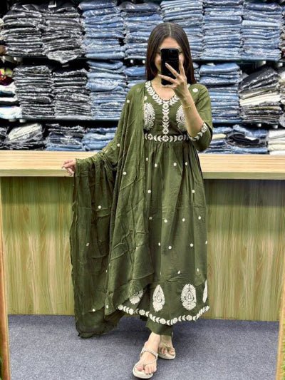 Olive Green Intricate Pure Cotton Printed Anarkali Suit Set - BONYHUBSALWAR KAMEEZ