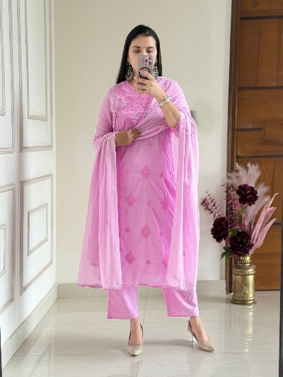 Baby Pink Chikankari Cotton Angharakha Anarkali Suit Set - BONYHUBSALWAR KAMEEZ