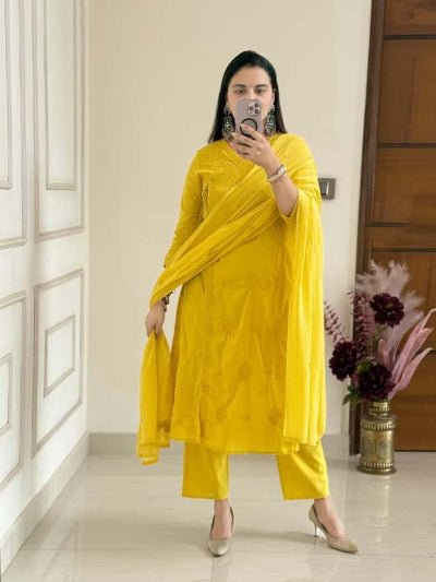 Yellow Chikankari Cotton Angharakha Anarkali Suit Set - BONYHUBSALWAR KAMEEZ