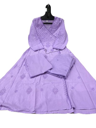 Lilac Chikankari Cotton Angharakha Anarkali Suit Set - BONYHUBSALWAR KAMEEZ