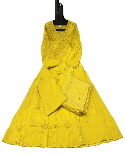Yellow Chikankari Cotton Angharakha Anarkali Suit Set - BONYHUBSALWAR KAMEEZ