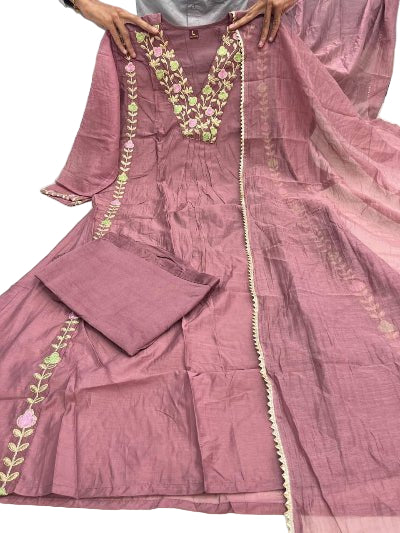 Mauve Gold Chanderi Embroidery Anarkali Suit - BONYHUBSALWAR KAMEEZ