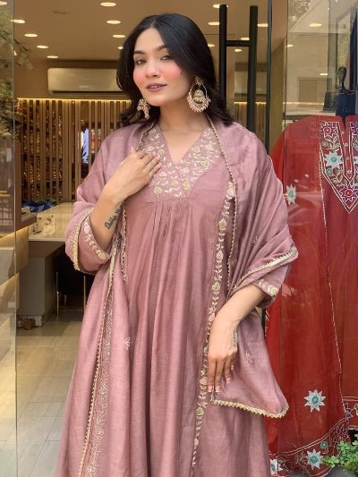 Mauve Gold Chanderi Embroidery Anarkali Suit - BONYHUBSALWAR KAMEEZ