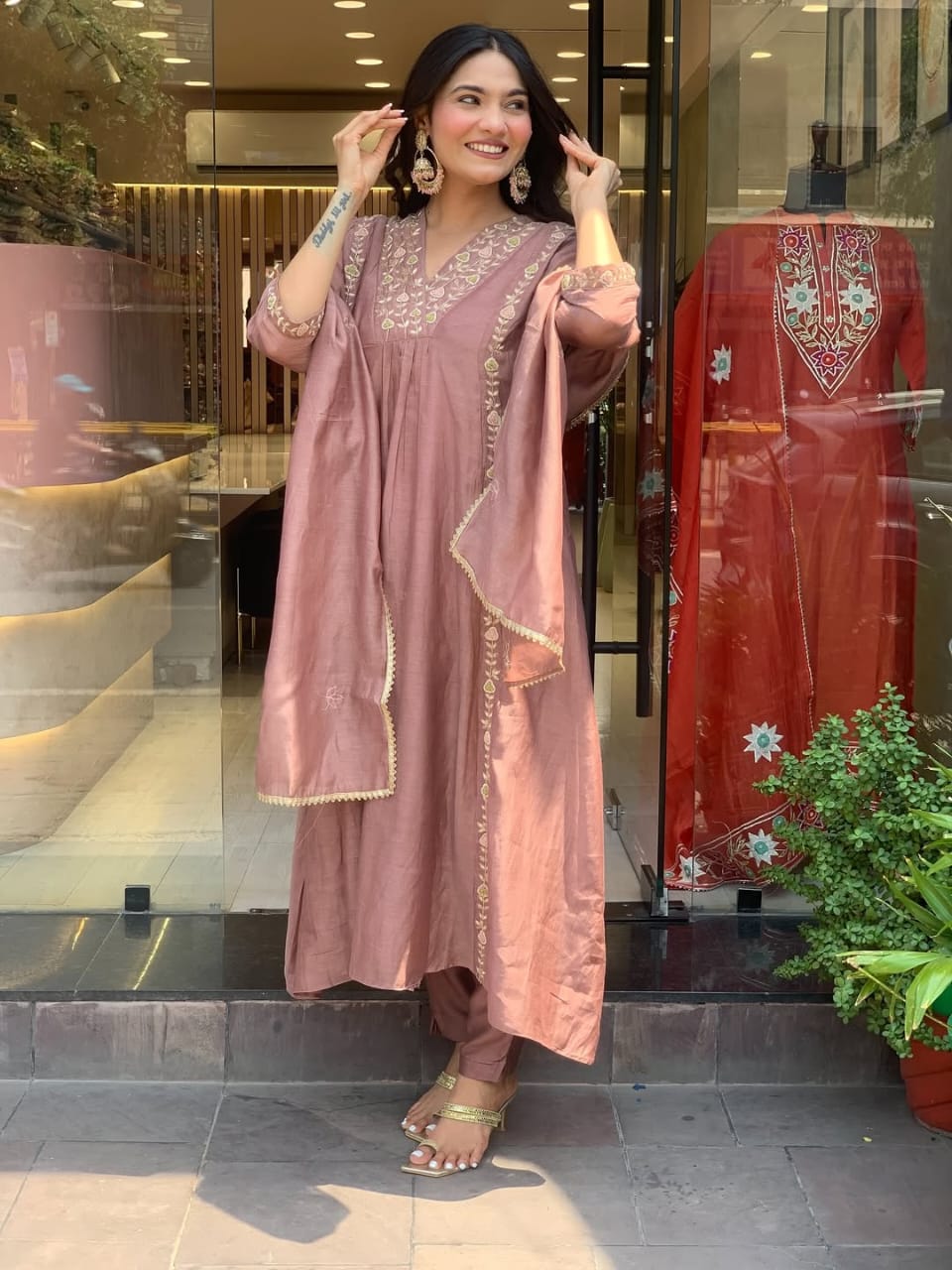 Mauve Gold Chanderi Embroidery Anarkali Suit - BONYHUBSALWAR KAMEEZ