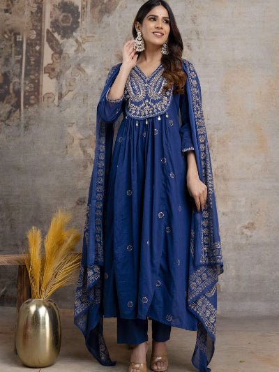 Peacock Blue Cotton Embroidery Sequin Work Anarkali Suit - BONYHUBSALWAR KAMEEZ